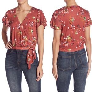 June & Hudson Nordstrom Floral Faux Wrap Top in Rosewood Size M